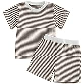VISGOGO Boy Boy Girls Toddler Summer Outfit Striped T-shirt Toddler Boy Summer Clothes 6 12 18 Months 2 3 4 5 T Short Set