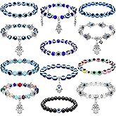 Junkin 12 Pcs Evil Eye Beaded Charm Bracelets for Women, Greek Blue Eye Hamsa Stretch Bracelets Turkish Lucky Hand of Fatima Protection Wristband for Women Men Blessing