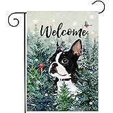 Welcome Winter Garden Flags Boston Terrier Garden Flag Cardinal Birds on Snowy Pine Tree Flag Dog Yard Flags for Outside 12x18 Double Sided Christmas Decorative Lawn Flags