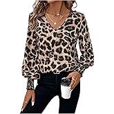 SweatyRocks Women's Leopard Print V Neck Long Lantern Sleeve Shirred Blouse Shirt Tops