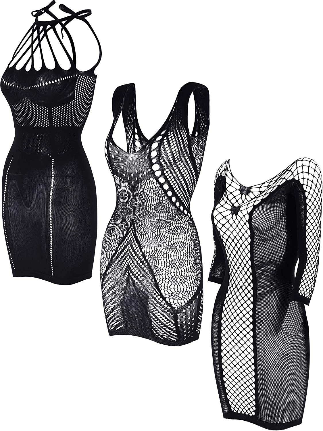 LOVELYBOBO 3 Pack Womens Sexy Lingerie Chemises Negligees Sex Fishnet Suspenders Mini Dress