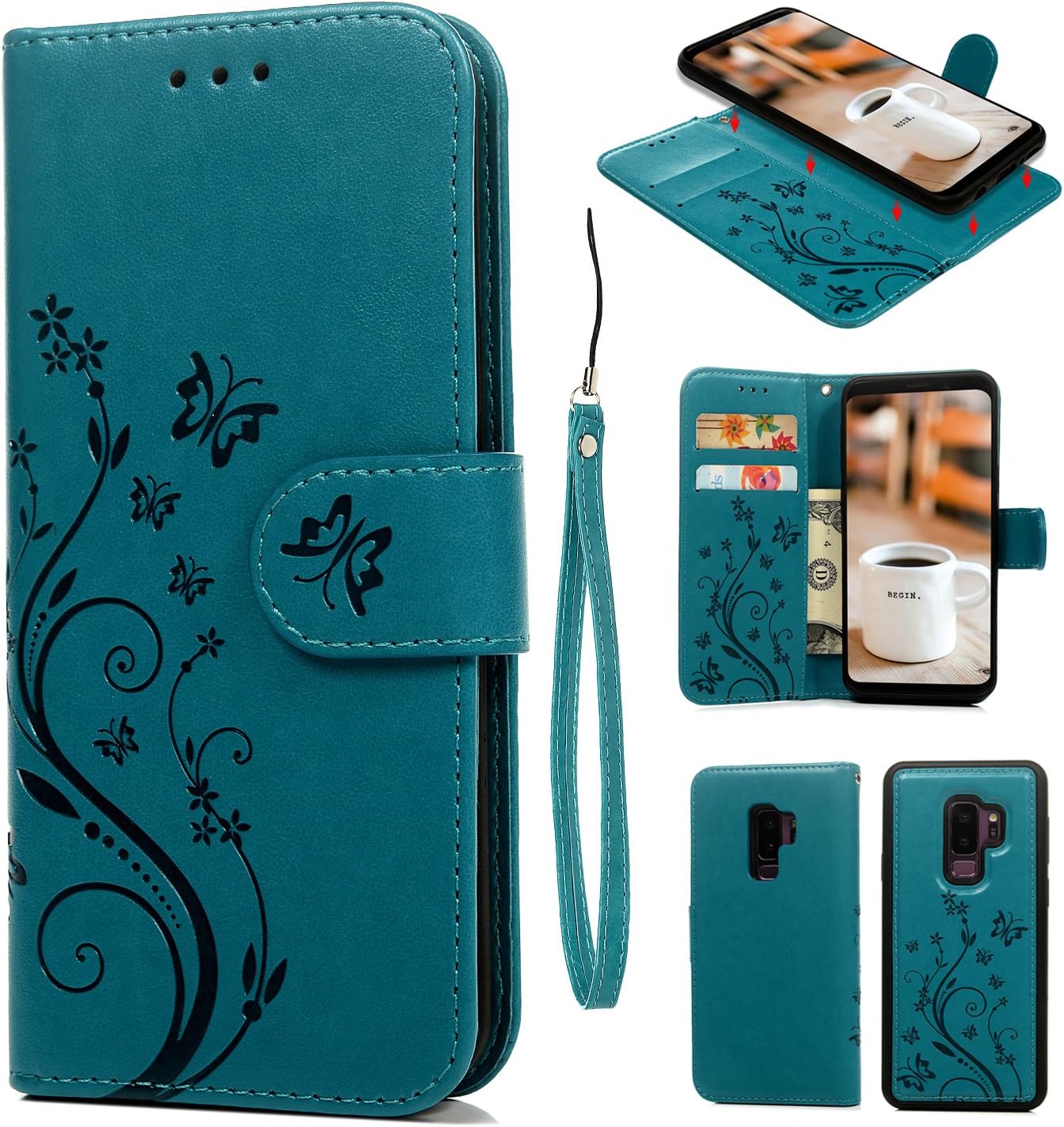 Galaxy S9 Plus Case, Galaxy S9 Plus Wallet Case Premium Synthetic PU Leather Embossed Butterfly Detachable Wallet with Credit Card Cash Slots for Galaxy S9 Plus, Blue
