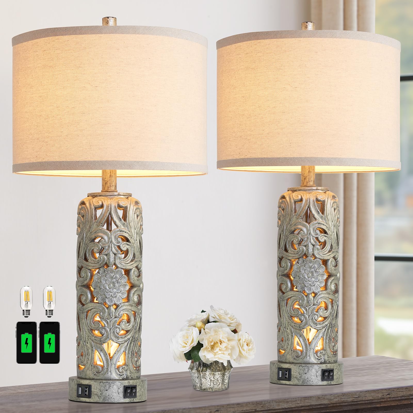 Photo 1 of 25'' Set of 2 Industrial Table Lamps for Living Room with Dual USB Ports, Vintage Resin Nightstand Lamp for Bedroom with Nightlight, Antique Rustic Desk Lamp for Entryway, 2 Bulbs Included