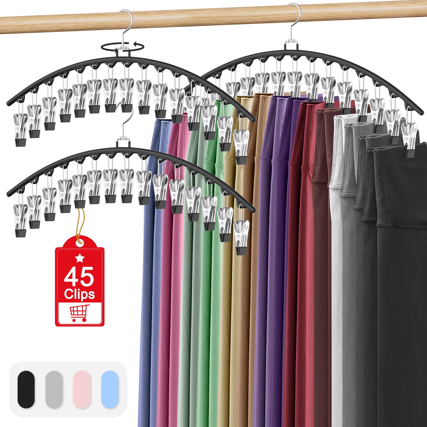 Photo 1 of 1pcs only. Legging Organizer for Closet Hanging, Pants Hangers with Clips Holds 45 Leggings, Shorts, Skirts, Jeans, Hats, Pants Hangers Space Saving Clothes Racks Closet Organizers and Storage, Black