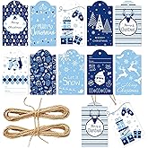 60 Pcs Winter Paper Gift Tags Let it Snow Blue Christmas Watercolor Hanging Labels with String Rope for Xmas Holiday Present DIY Crafts