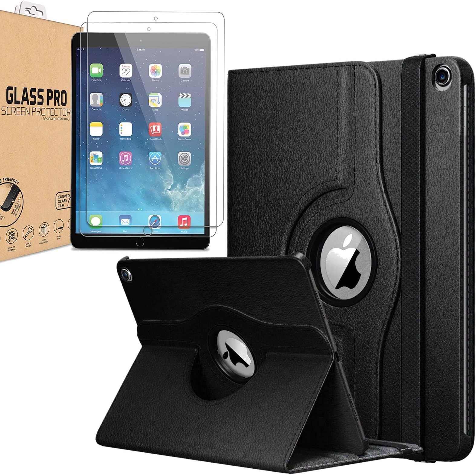 [Bundle] Leather Rotating Case Compatible with iPad Air 9.7 2017 2018 360 Degree Smart Cover, Free [2 Pack] Tempered Glass