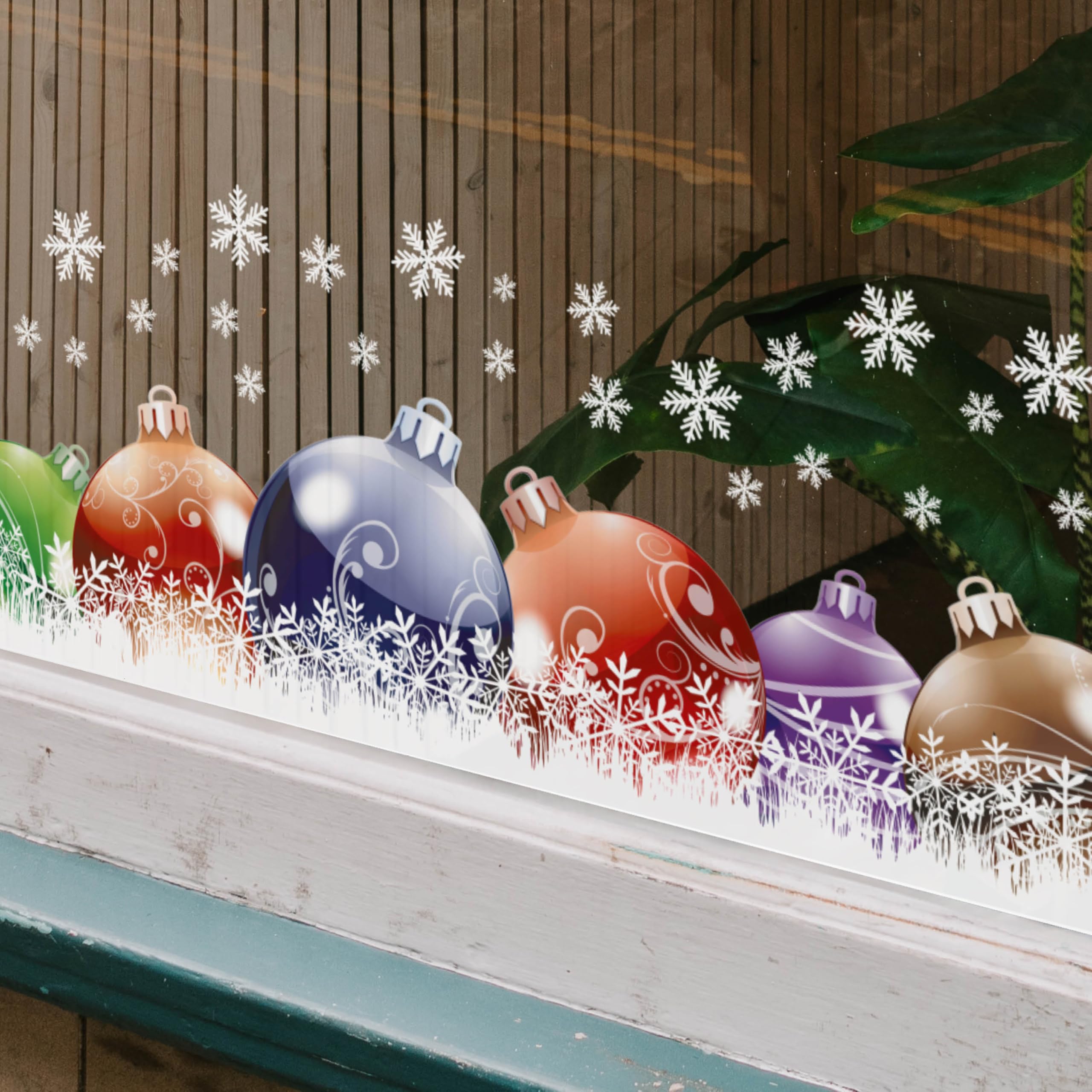 Extra Large Christmas Baubles and Snow Window Stickers Border with 30 Snowflakes - Reusable Colour Decoration Stickers for Windows