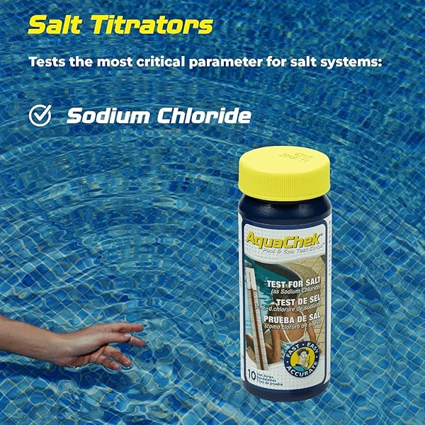AQUACHEK SALT TEST STRIP TITRATORS FOR POOLS – SALT WATER POOL TEST STRIPS FOR SODIUM CHLORIDE – QUICK AND ACCURATE RESULTS – PROFESSIONAL WATER QUALITY TESTING KIT (10 STRIPS)