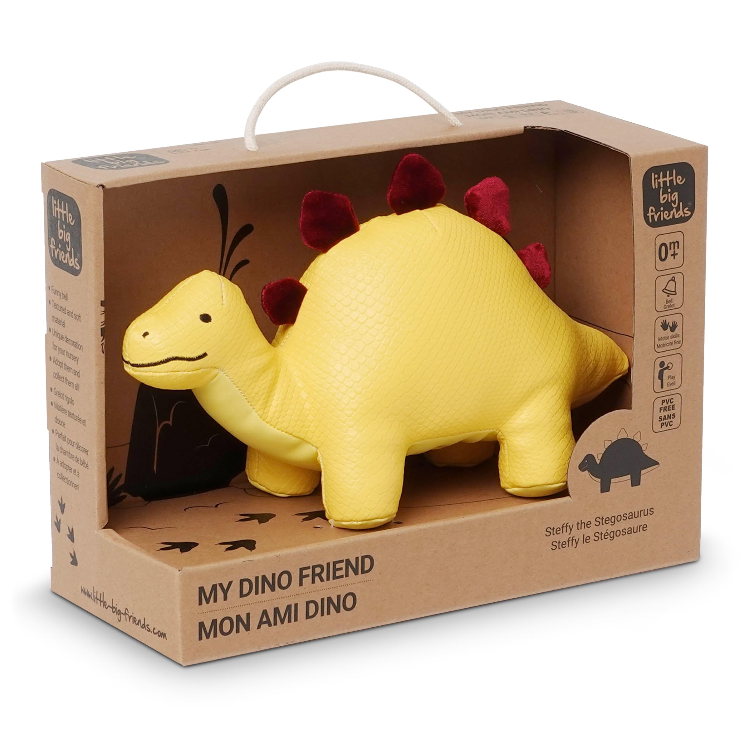Little Big Friends Dino Friends | Stimulate the Senses with Colors, Textures & a Tinkling Bell | Vegan Leather | Easy to Clean | Steffy the Stegosaurus