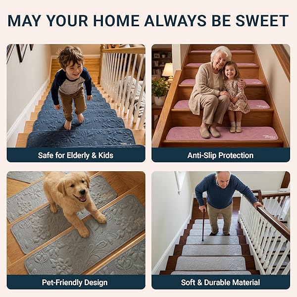 SOFT STAIR TREADS 8X30, PLUSH COTTON CUSHIONED CARPET FOR HARDWOOD FLOORS, NON-SLIP SILICONE BACKING NO ADHESIVE, QUIET SAFETY MATS FOR KIDS & PETS, MACHINE WASHABLE-BLUE
