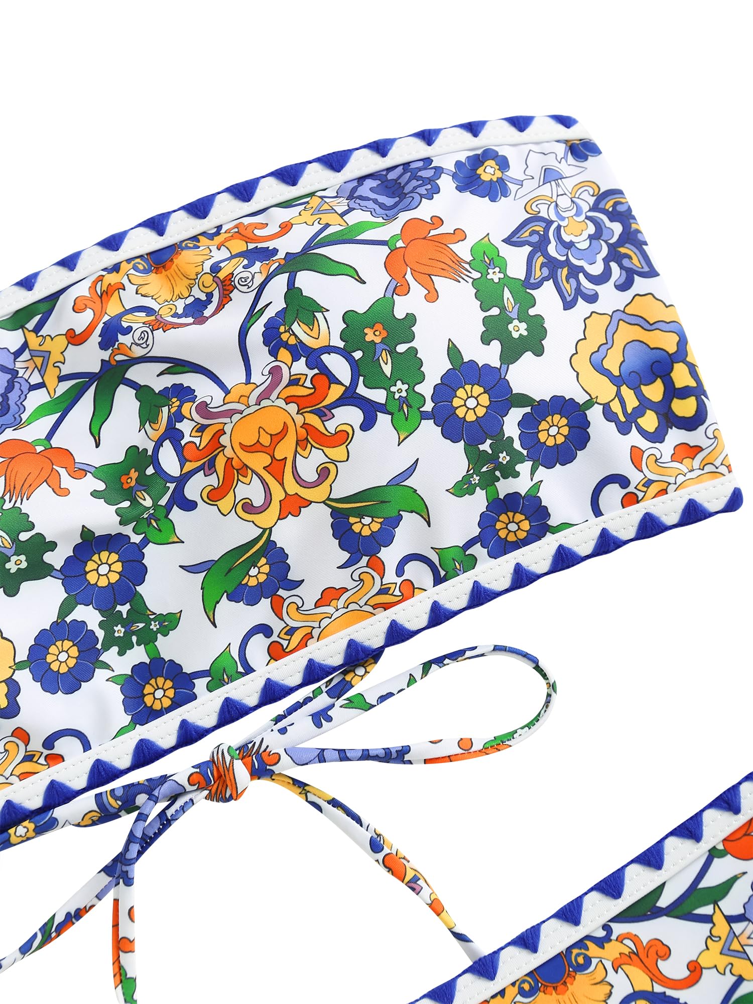 ZAFUL Women Strapless Textured Bandeau Bikini 2 Piece Swimwear Cheeky Solid Lace up Bathing Suits(7-Blue Yellow,M) - Image 5