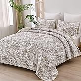 WONGS BEDDING Botanical Quilt Set King, Floral 3 Pieces Khaki Plants Printed Bedspread Bedding Set Brown Soft Lightweight Microfiber Coverlet Set for All Season (104"x90")
