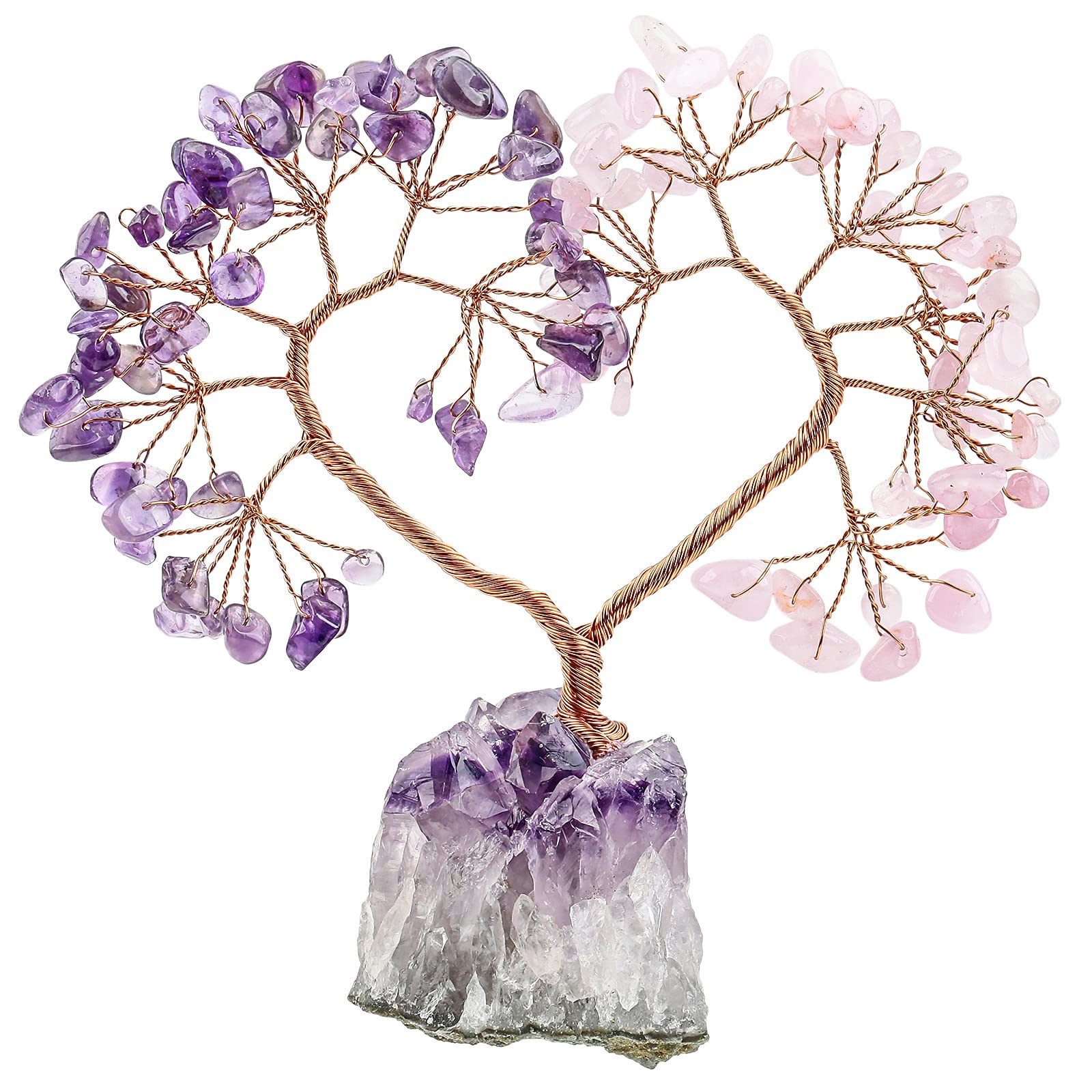 mookaitedecor Amethyst & Rose Quartz Love Heart Crystal Tree with Amethyst Cluster Crystal Base, Healing Semi Precious Stone Money Tree Feng Shui Ornaments for Wealth Luck Wedding Desk Decor