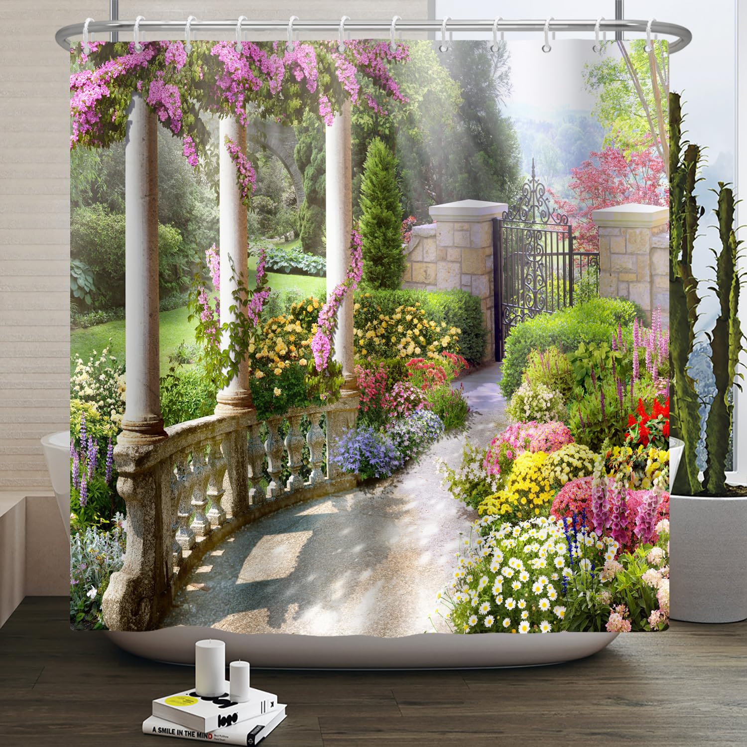 SDOTPMT 72x72inch Beautiful Garden Scenery Shower Curtain Vintage Garden Architecture Pillars Blooming Flowers Bath Curtain 3d Shower Curtain Bathroom Durable and Washable with Hooks