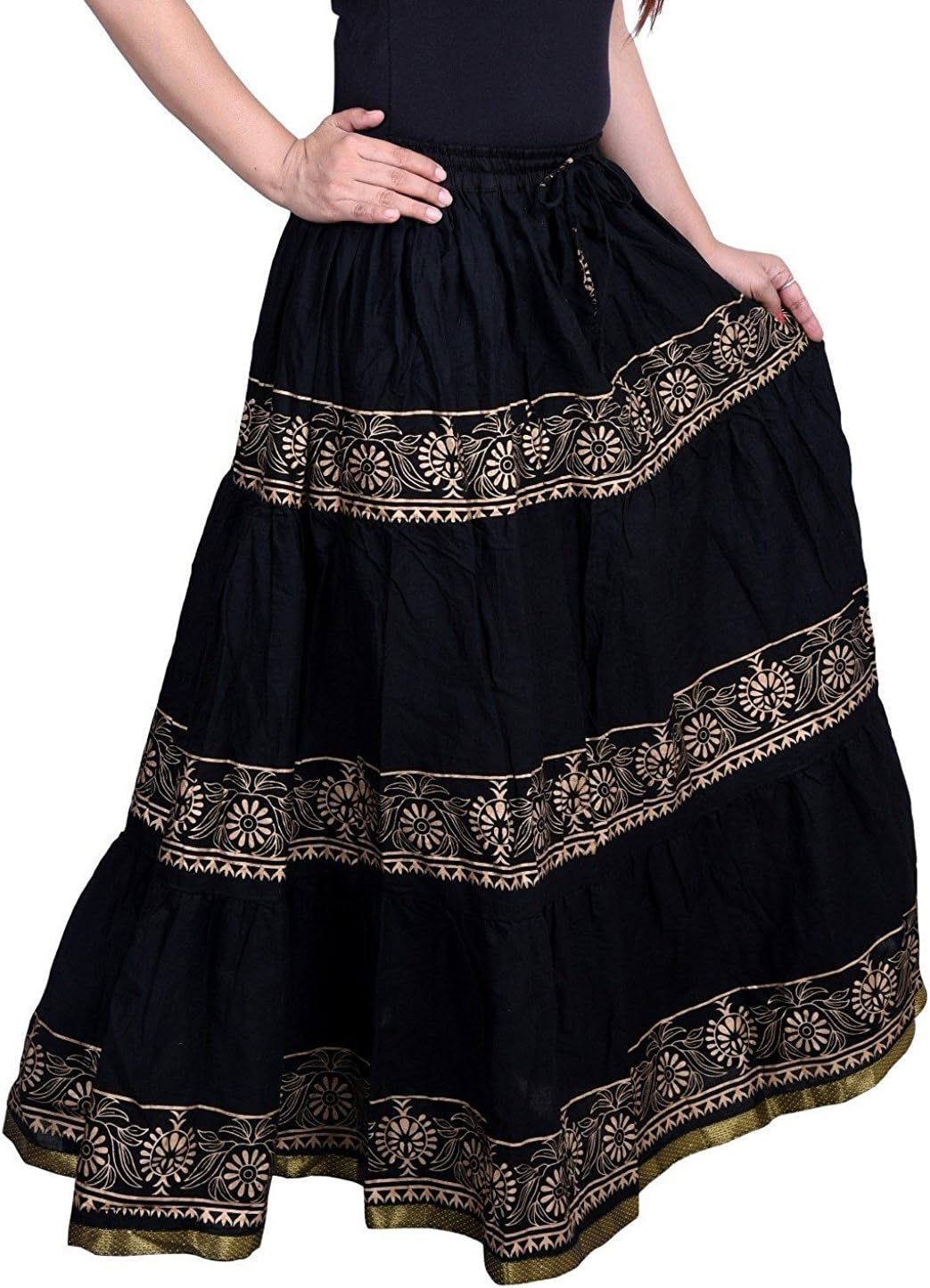 P P PRINTS Women's Cotton Printed Long Skirt (TJBSKRT-552, Black Gold, Free Size)
