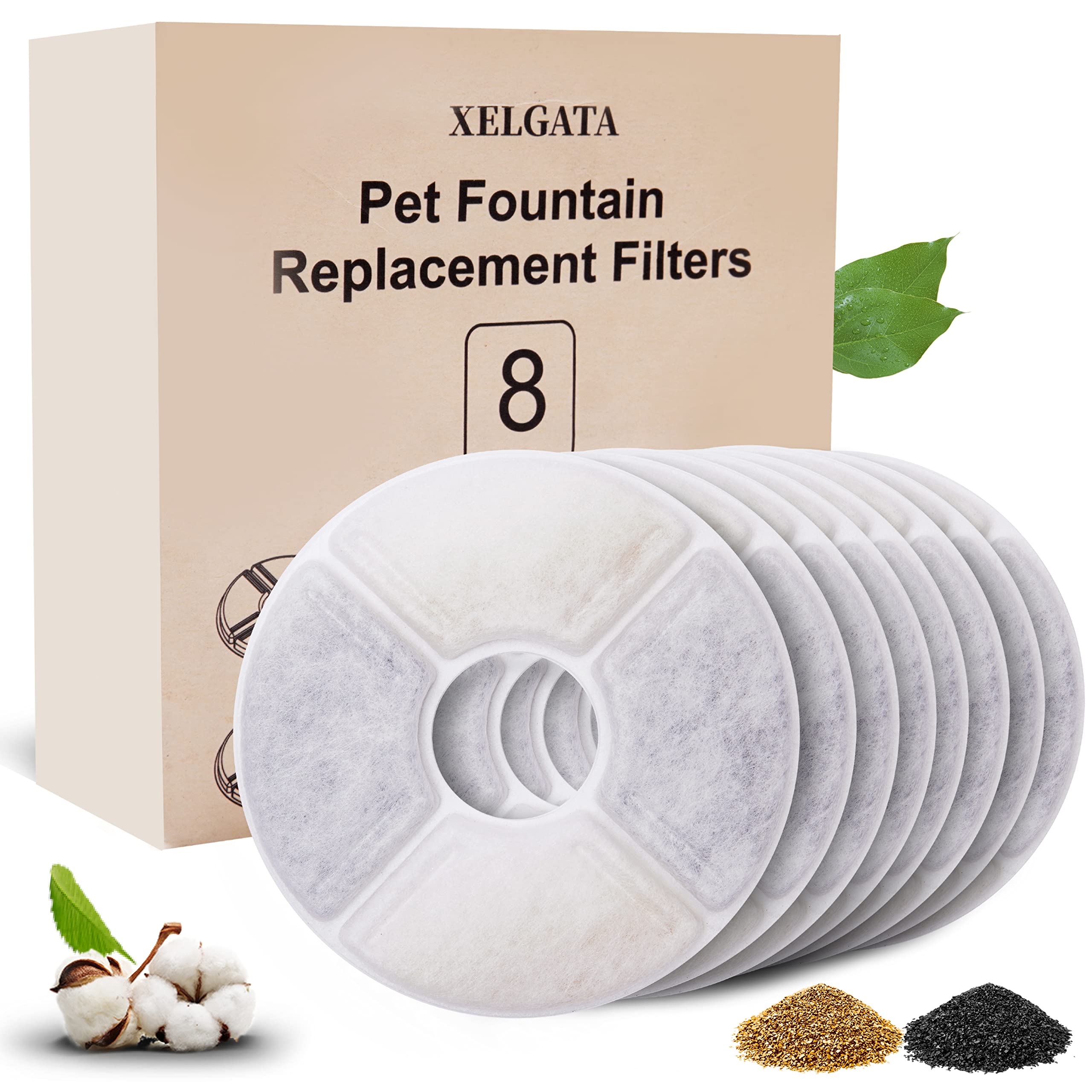 XELGATA Cat Water Fountain Filters, Filter for Pet Water Fountain, Round Replacement Cat Filter for Water Fountains, Cat Fountain Filters for 2.4l, Filters for Drinking Cat, 8Pack