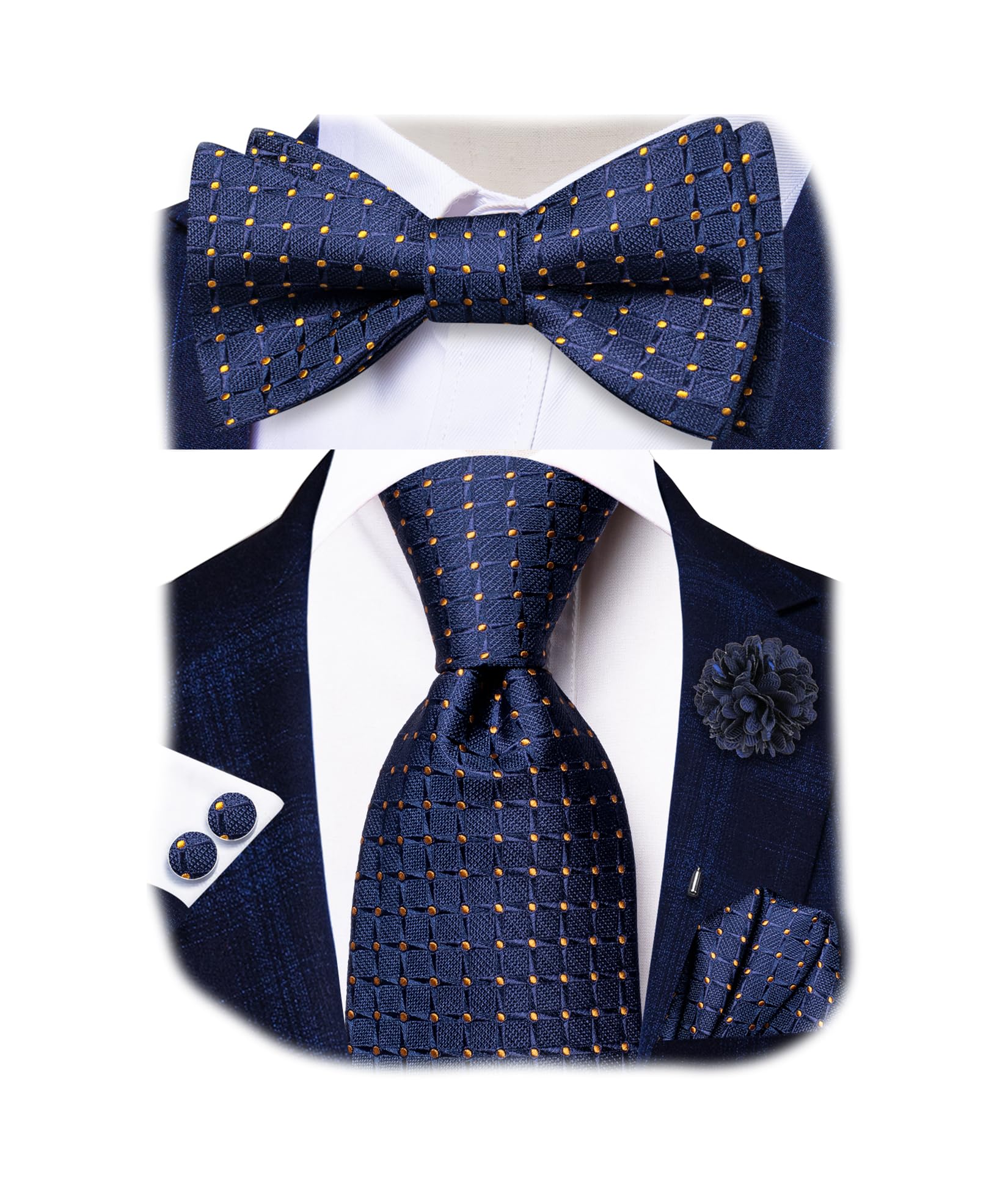 Hi-Tie Navy Gold Plaid Ties and Self-tied Bowtie