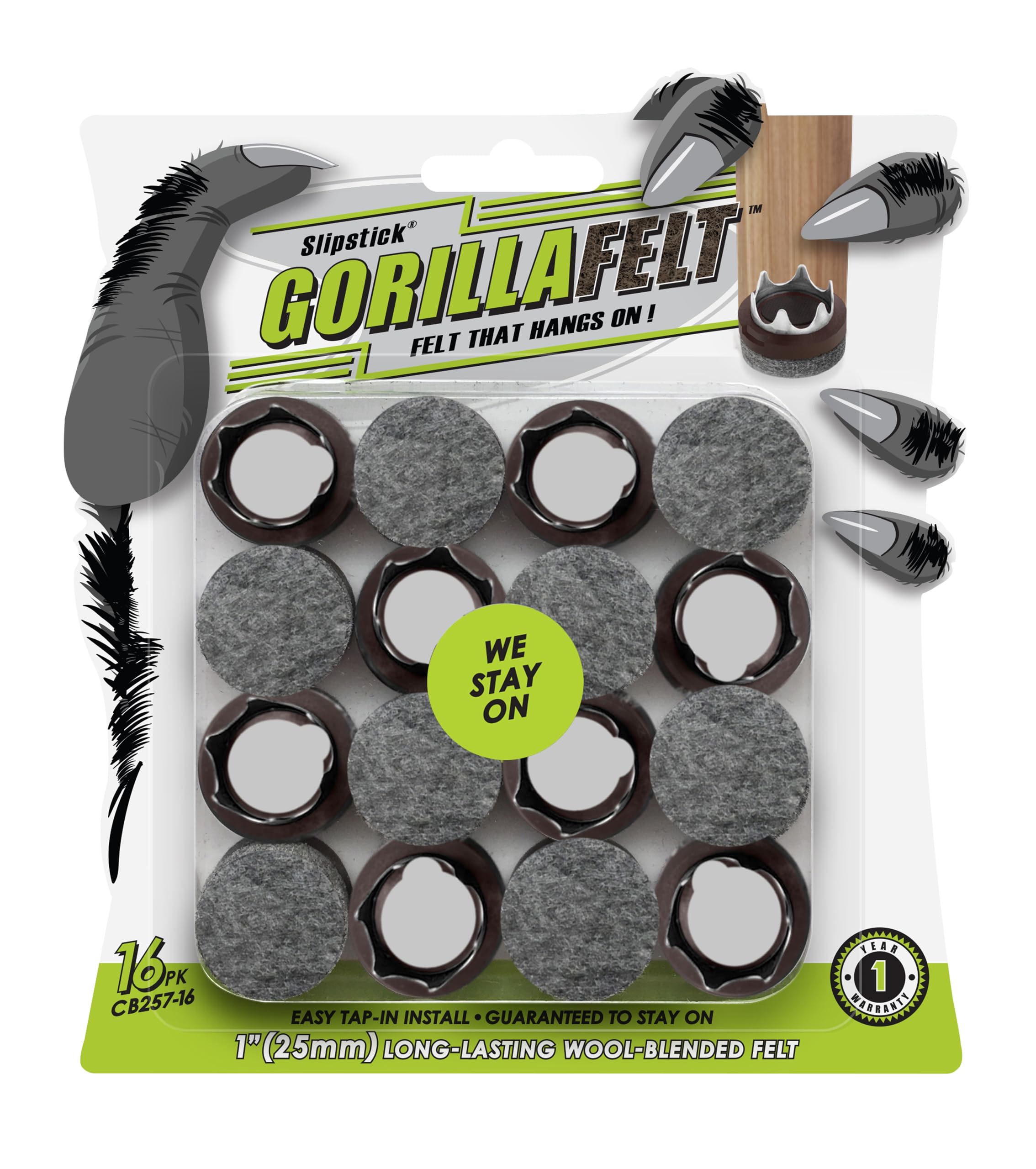 GorillaFelt Chair Leg Floor Protectors/Felt Glides (Set of 16) Tap-On Felt Furniture Pads Guaranteed to Stay On, 1 Inch Round Sliders (1 Inch)