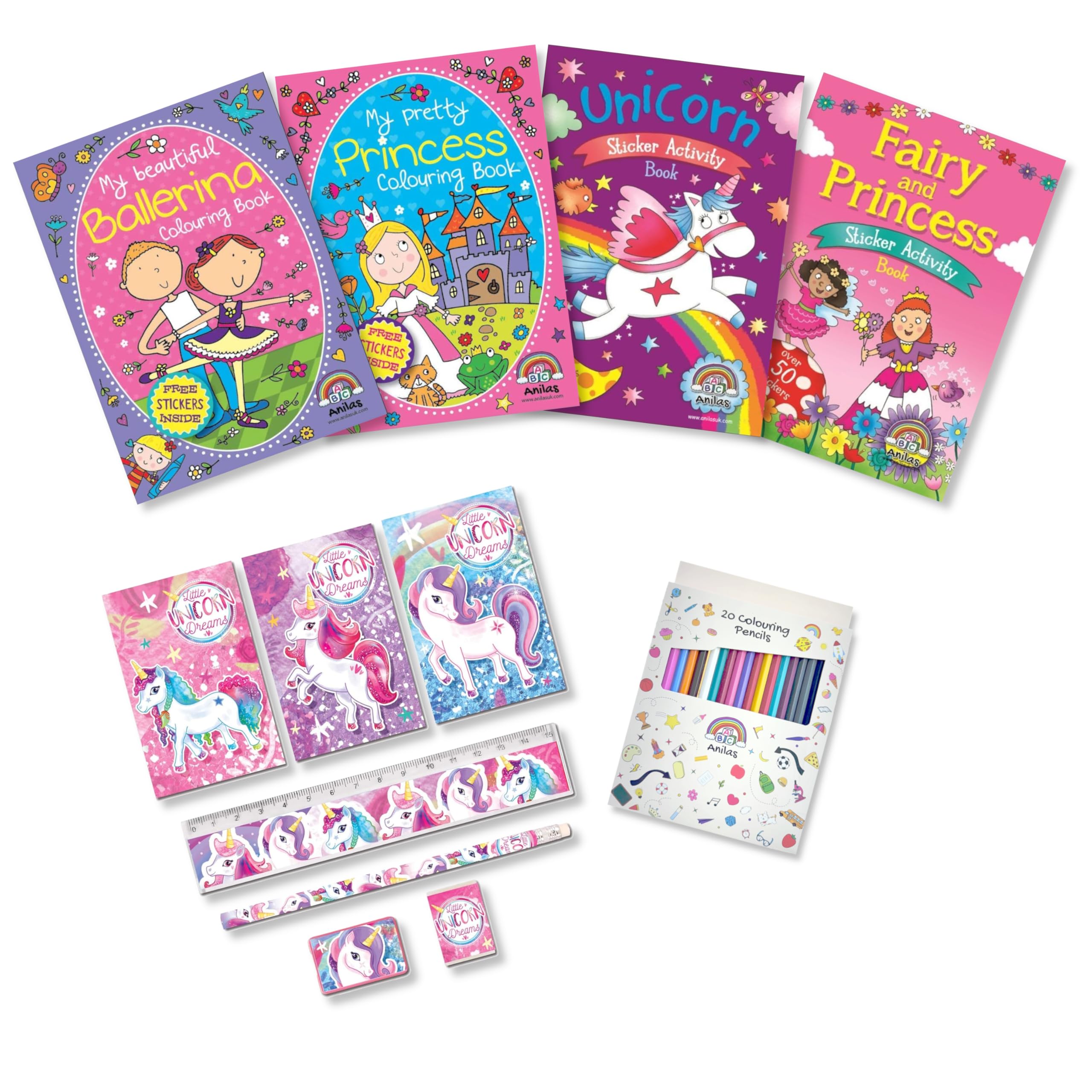 Princess, Ballerina and Unicorn Colouring and Activity Books with Stickers, Stationery and Pencils