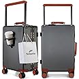 feilario 20'' Aluminum Frame Wide Handle PC Hardside Carry On Luggage - Double Spinner Wheels Luxury Rolling Travel Suitcase with TSA Lock & Cup Holder