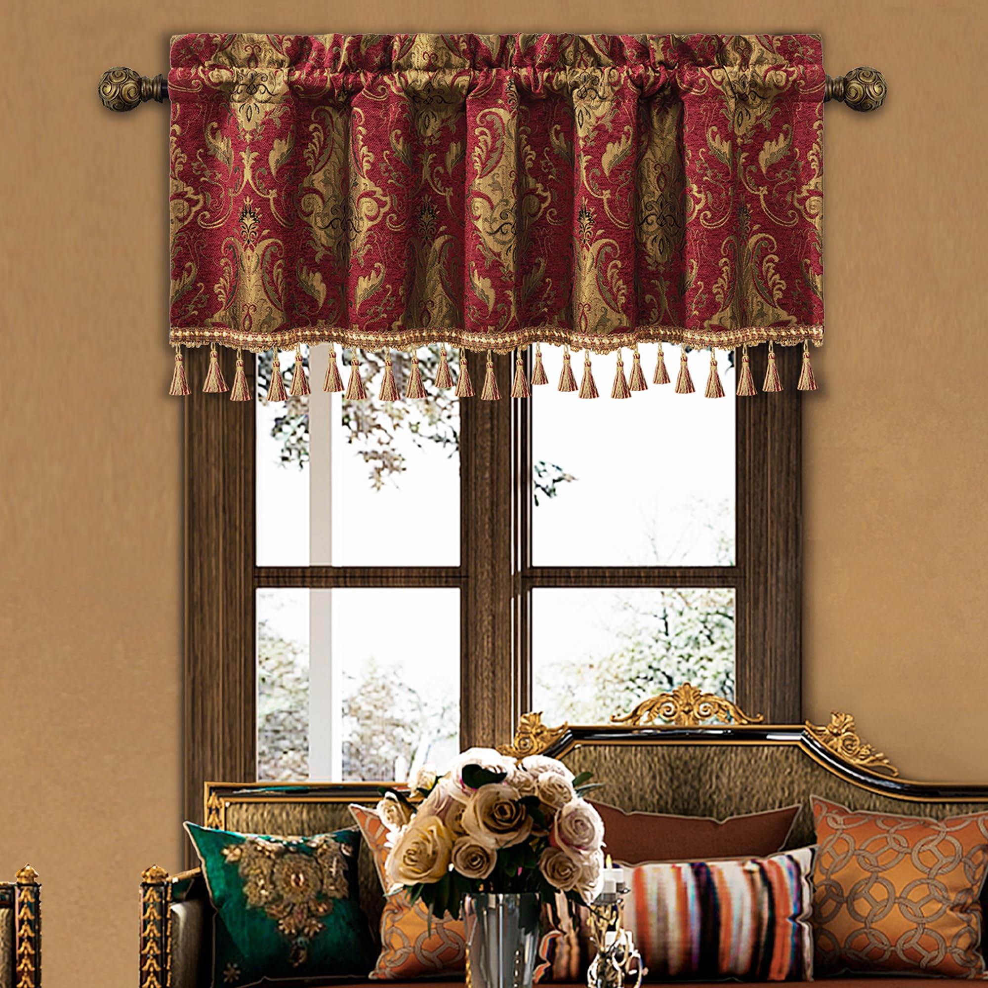 TOPLUXE Curtain Valance for Windows 137x46cm, Damask Valance with Tassels, Short Curtain for Bedroom Living Room Kitchen (Burgundy)