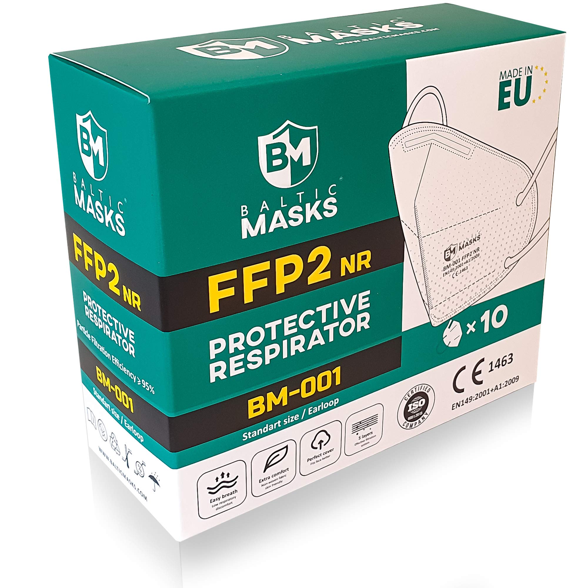 Baltic Masks FFP2 Mask - 100% Made in EU - Pack of 10 - UK/EU Certified - Packaging May Vary