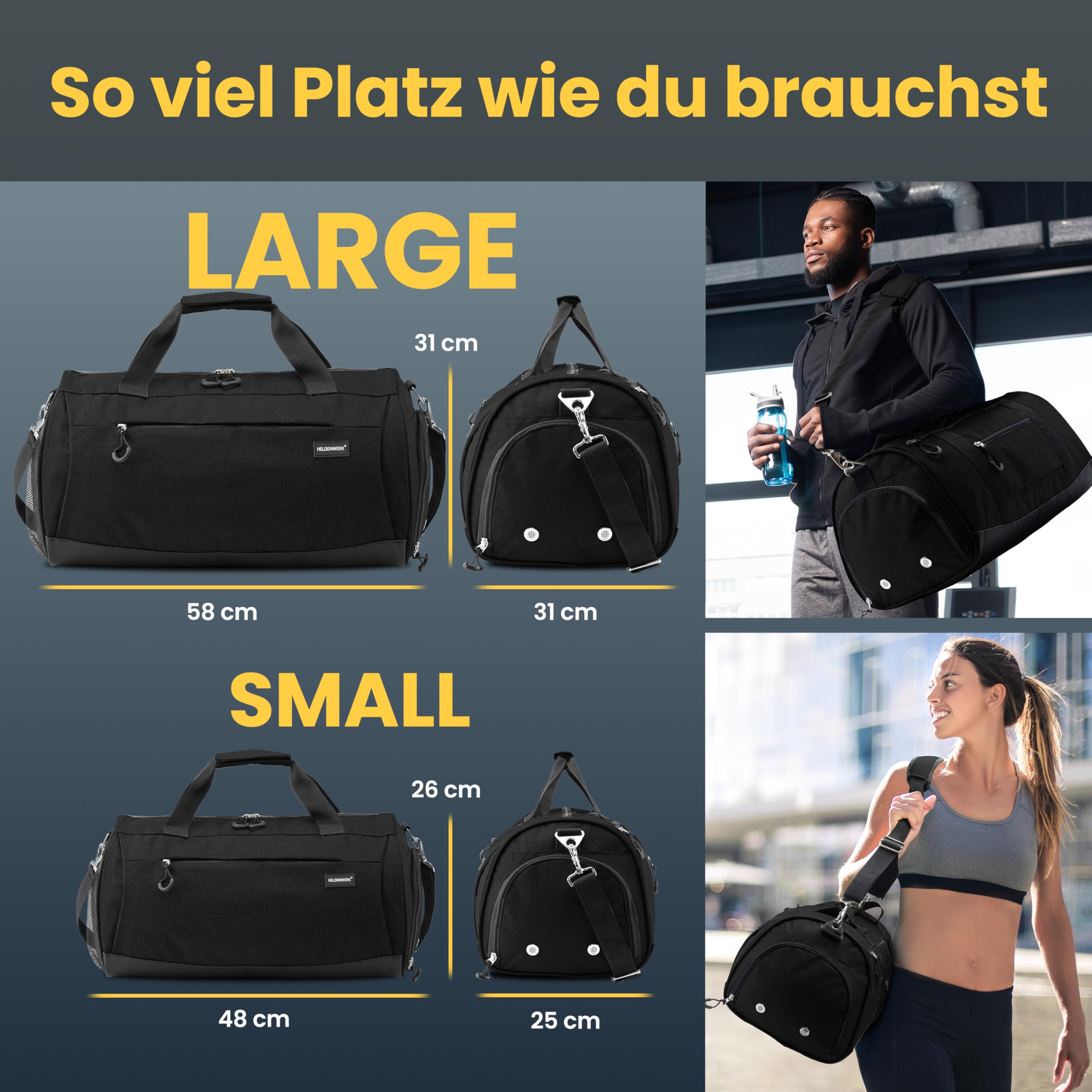 Heldenwerk® Sporttasche & Reisetasche für Damen und Herren klein I Trainingstasche mit Schuhfach und Nassfach I ideal als Reisetasche Handgepäck, Gym Bag, Fitness Tasche, Trainings Tasche, Sport Bag 2