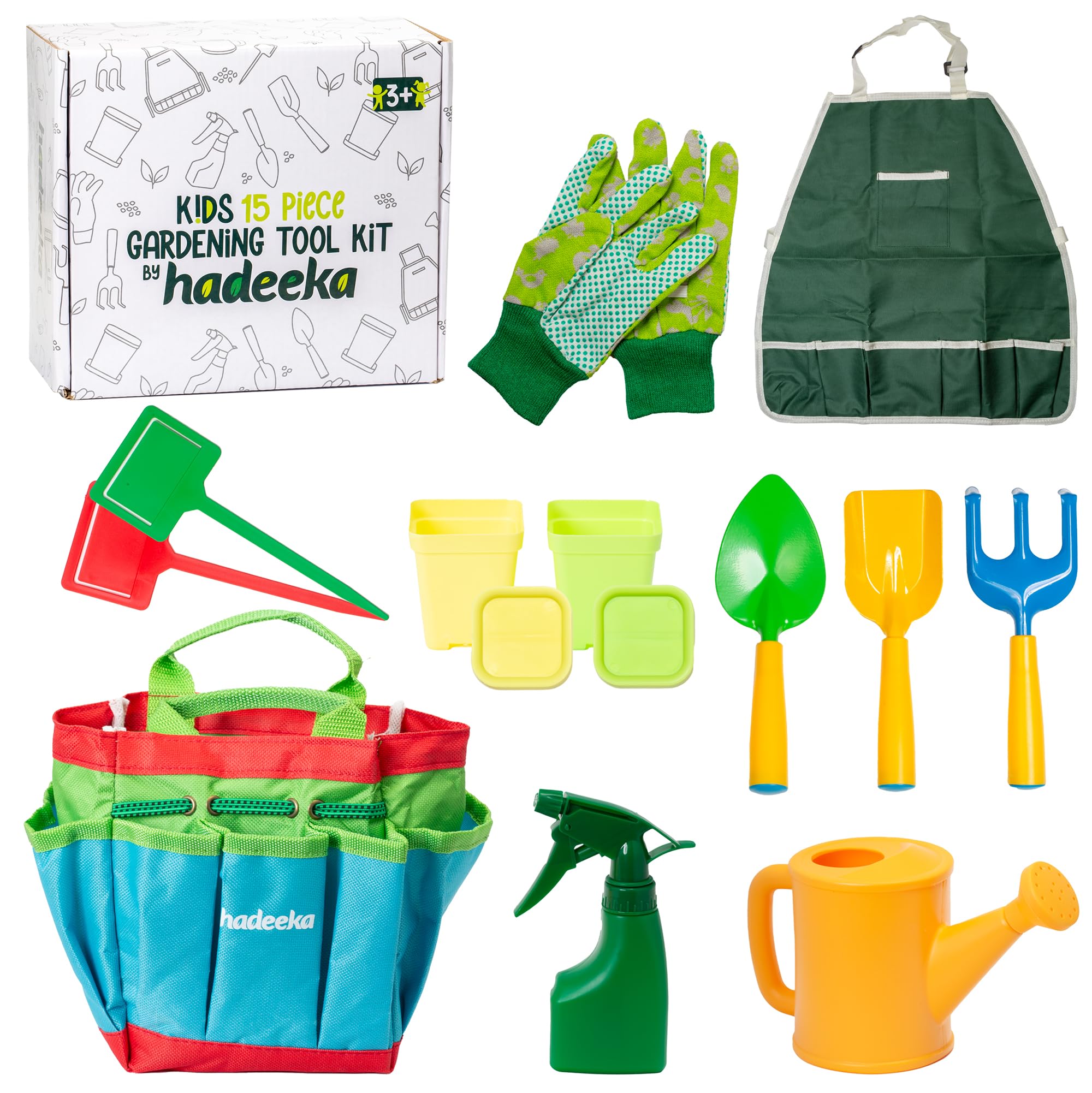 Hadeeka Kids 15pc Garden Tool Kit - Complete Children's Gardening Set with Tools, Apron, Gloves, Watering Can, Plant Pots, Saucers and Canvas Tote Bag for Boys and Girls