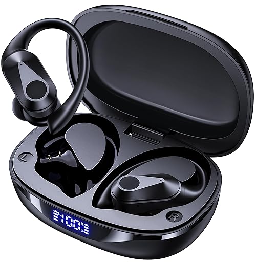 FOYCOY Bluetooth Headphones Wireless Earbuds, Noise Cancelling Ear Buds with 90H Playtime LED Display Wireless Charging Case, IPX7 Waterproof Over-Ear Earhooks Earphones for Sport Running Gym, Black