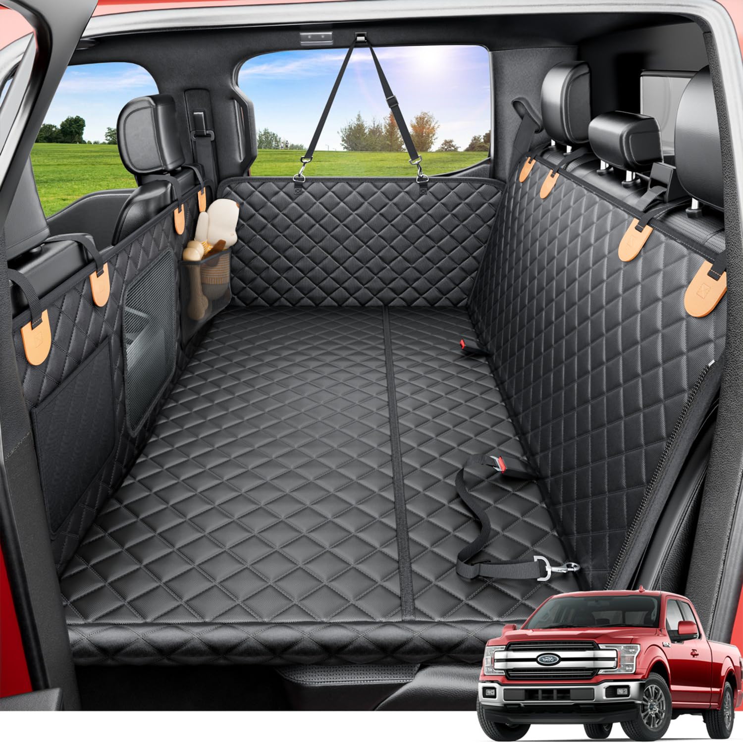 Photo 1 of REEVAA Dog Truck Seat Cover for Back Seat, Hard Bottom Dog Hammock for Car, Pet Bed Extender for 2-4 Large Dogs, Waterproof Seat Protector, Universal XL Size Fits for Crew Cab Truck/SUV, Black+Orange