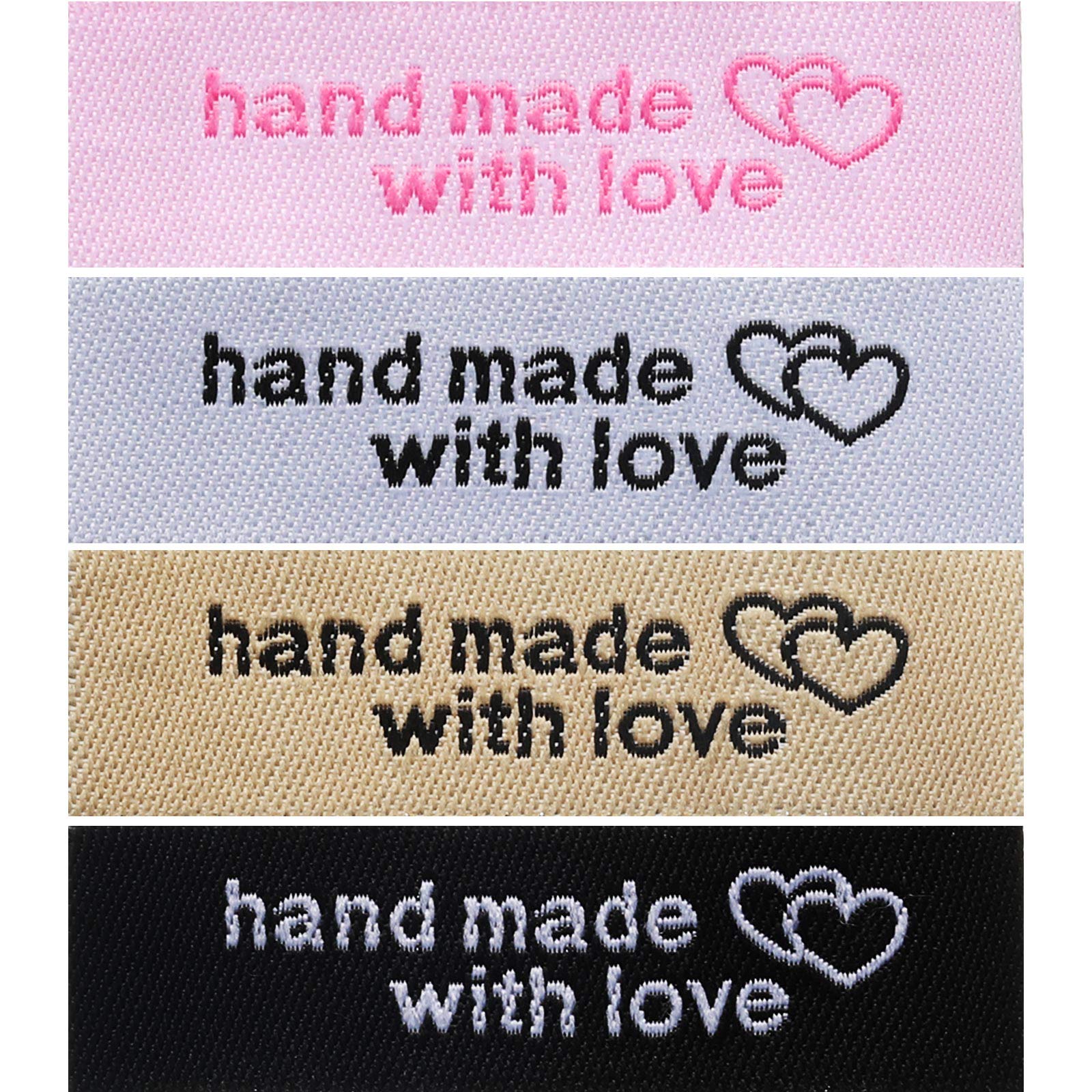 Photo 1 of 120 Pieces Personalized Sewing Labels Sew on Clothing Labels Handmade Interlocking Heart Pattern Label Tags for Handmade Items Clothes, White, Black, Pink, Brown