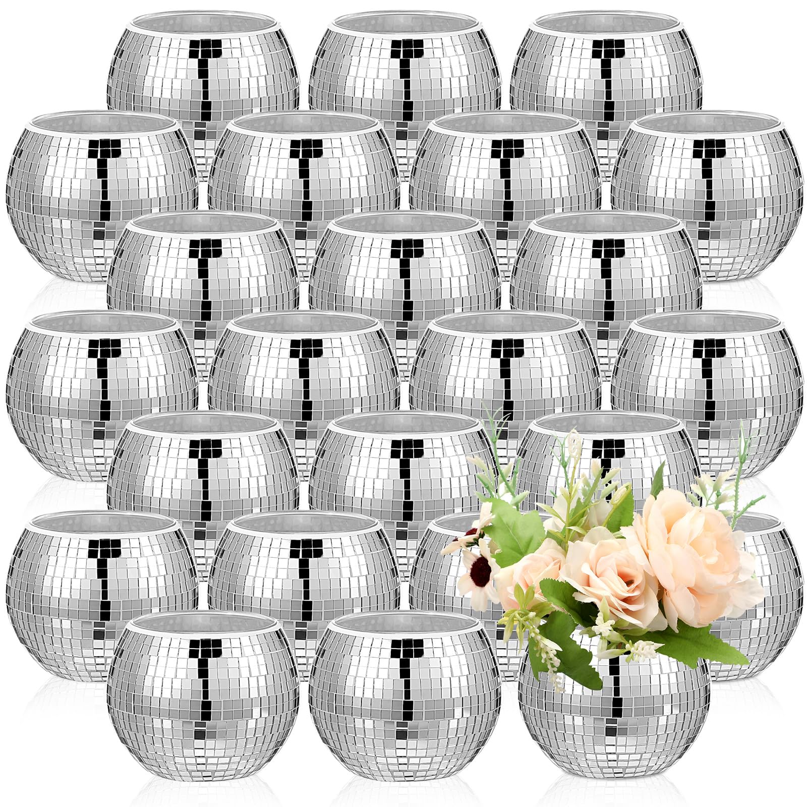 Photo 1 of Jinei 24 Pcs Disco Vases Bulk Silver Mirror Disco Ball Flower Glass Ball Planter Candle Holder Glass Vase for Wedding Table Centerpieces Bedroom Office Birthday Decoration (3" X 4")