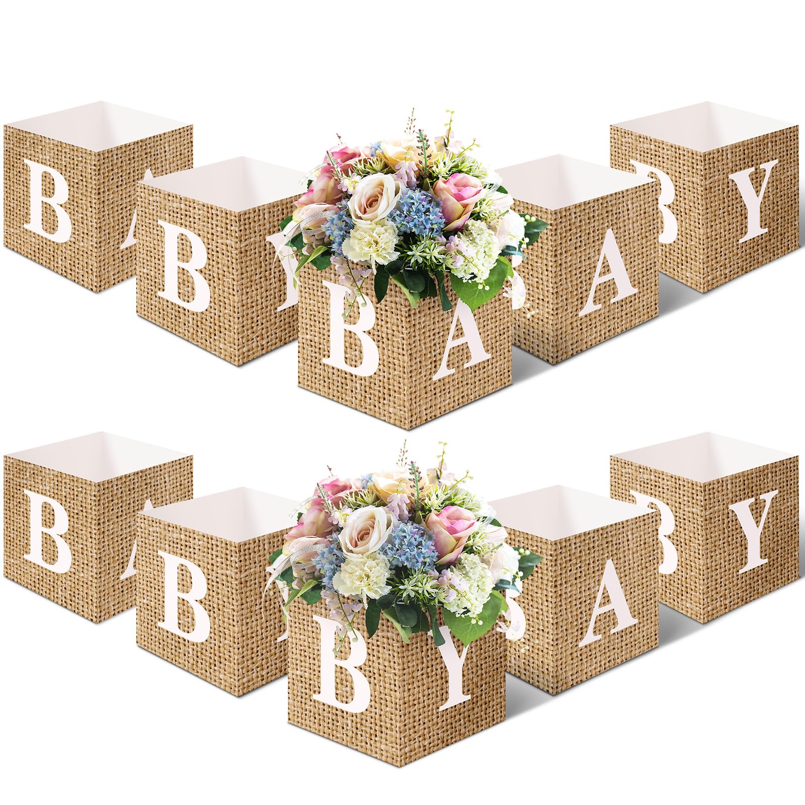 Photo 1 of Jetec 10 Piece 7X 7X 7 inch Baby Shower Centerpiece Boxes Baby Shower Party Decorations Table Display with Letters Gender Reveal Party Favor Block Holder(Burlap Print)