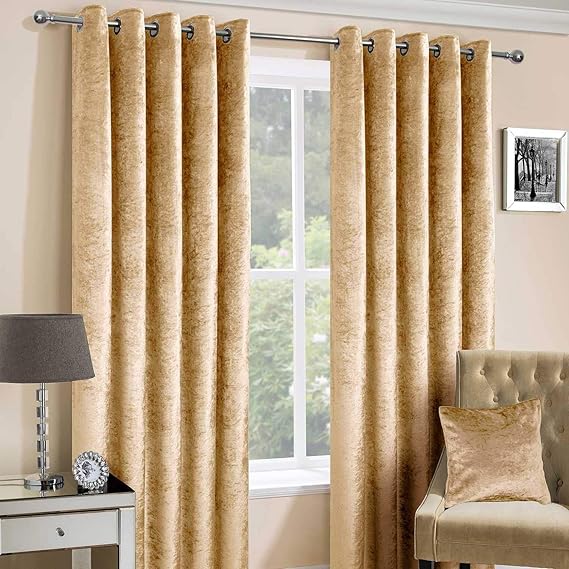 HOMESCAPES Mustard Gold Crushed Velvet Lined Curtain Pair 66 x 90 Inch Drop (167 x 228 cm) Heavy