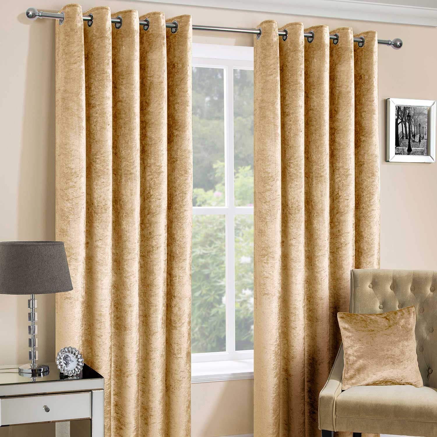 HOMESCAPES Mustard Gold Crushed Velvet Lined Curtain Pair 46 x 72 Inch Drop (117 x 182 cm) Luxury Heavy Weight Contemporary Ochre Eyelet Curtains