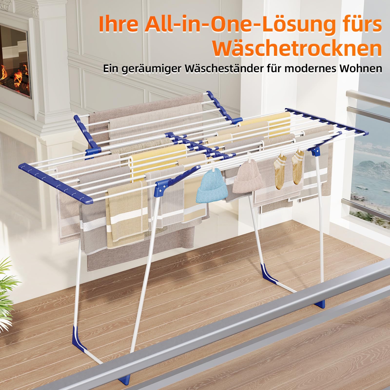 KINGBOARD Wäscheständer klappbar ausziehbar, Flügelwäscheständer 57 x 162 x 86 cm, Stabiler Standtrockner mit rutschfesten Füßen für Innen und Außen, Weiß 6