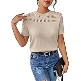 RICHSTORY Short Sleeve Sweaters for Women 2026 Casual Crewneck Summer Shirts Lightweight Hollow Out Knit Sweater Tops