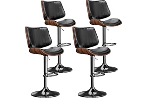 REONEY Swivel Bar Stools Set of 4, Adjustable Bentwood Barstools for Kitchen Counter, Modern PU Leather Upholstered Bar Chair with Back and Footrest, for Kitchen Island, Bar, Dining Room, Black
