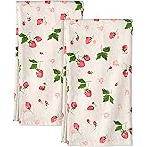 Miss Adola Flour Sack Kitchen Towels - Set of 2 Spring Dish Towels with Hanging Loop 18x26 Inch Absorbent Reusable Cotton Cloths for Cleaning Cute Design Home Decorative Housewarming, Color Strawberry