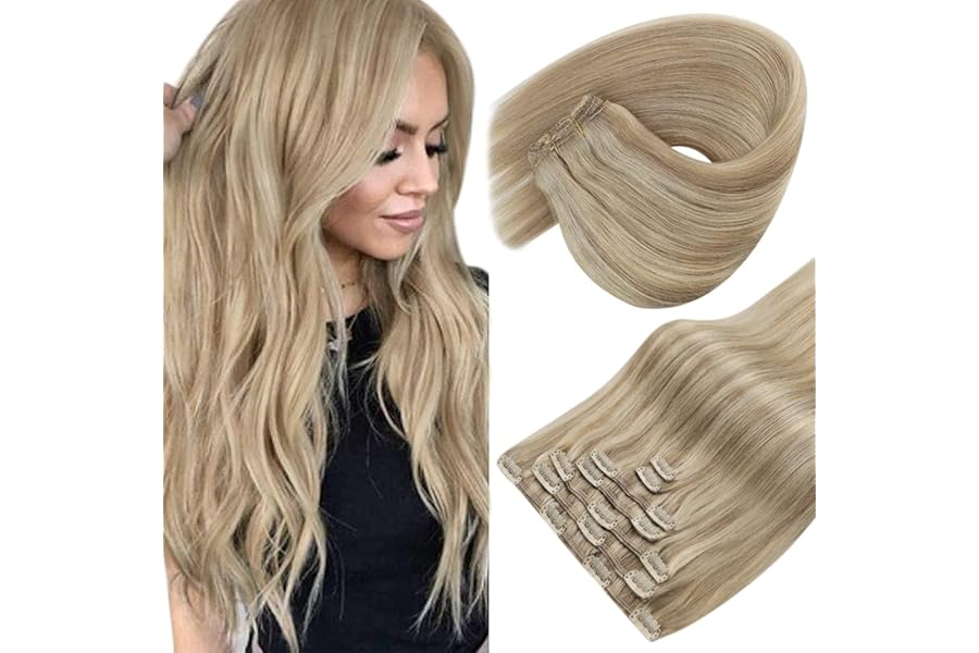 Sunny Hair Clip in Hair Extensions Straight Human Hair Clip in Extensions Remy Clip in Hair Extensions Real Human Hair Extensions Clip ins Golden Blonde Highlights Light Blonde 18inch
