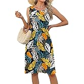 LOMON Womens Casual Summer Dresses Floral Beach Sleeveless Crewneck Pleated Tshirt Sundresses with Pockets