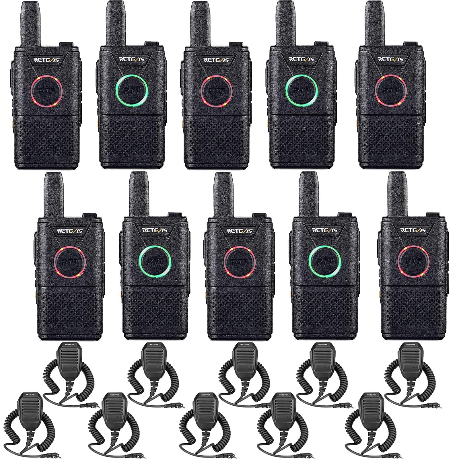 Retevis RT618 Mini Walkie Talkie with Speaker Mic, Dual PTT PMR446 License-free Radio, 16CH USB Rechargeable Emergency Walkie Talkies Long Range for Security, Commercial School(Black, 10Pcs)