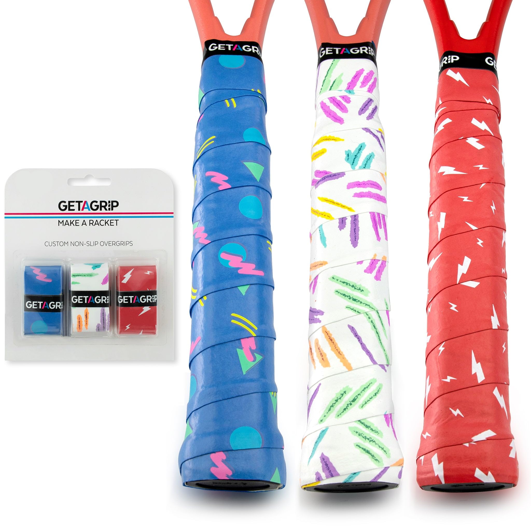 GET A GRIP - Custom Tennis Racket Grip Tape - Anti-Slip/Quick-Drying Tennis Overgrips - Precut Badminton Racket Grip with Finishing Tape - Squash Racket Grip Tapes (The Next Gen Pack) — image 1
