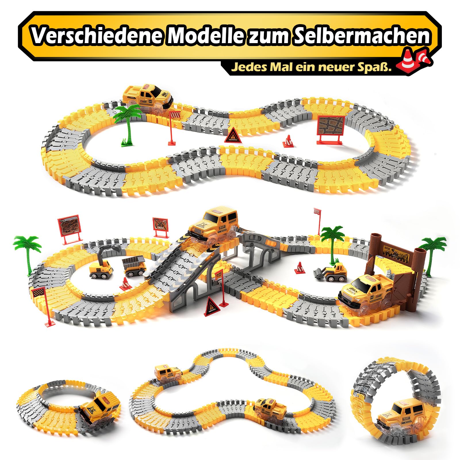 Autorennbahn ab 3 4 5 6 7 8 Jahre, 264 Stück 5 Cars Bagger Spielzeug Autorennbahn Rennbahn 2 Glow Elektroautos,3 Bauwagen,Flexibles DIY Gleis-Set Flexible Track Kran Spiele (Rennbahn) 7