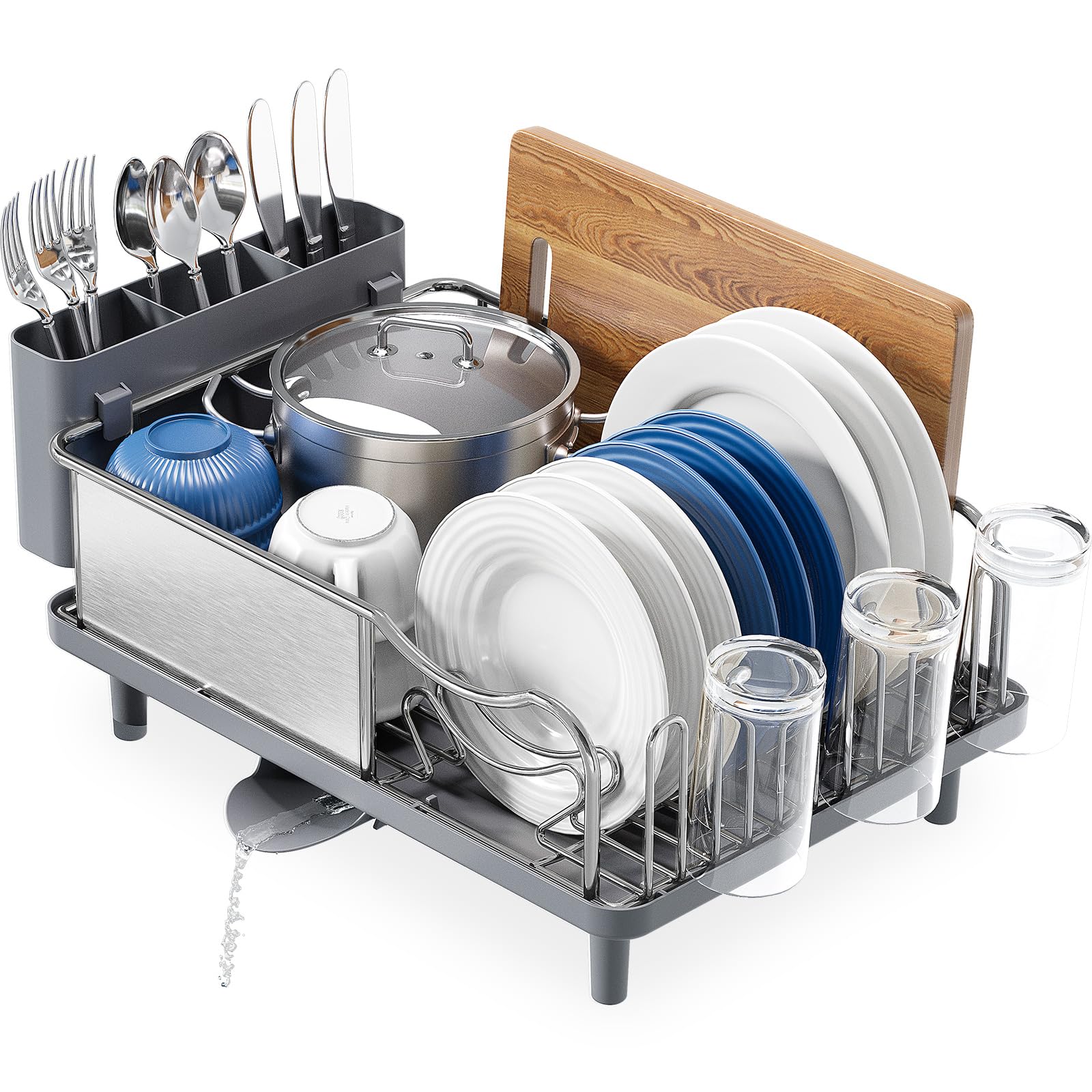 Dish Drainer Rack, Stainless Steel Dish Rack, Draining Board Rack with Anti-Rust Frame, Optional 2 Direction Spout Sink Drain Board Design, Removable Large Utensil Holder for Kitchen, Grey