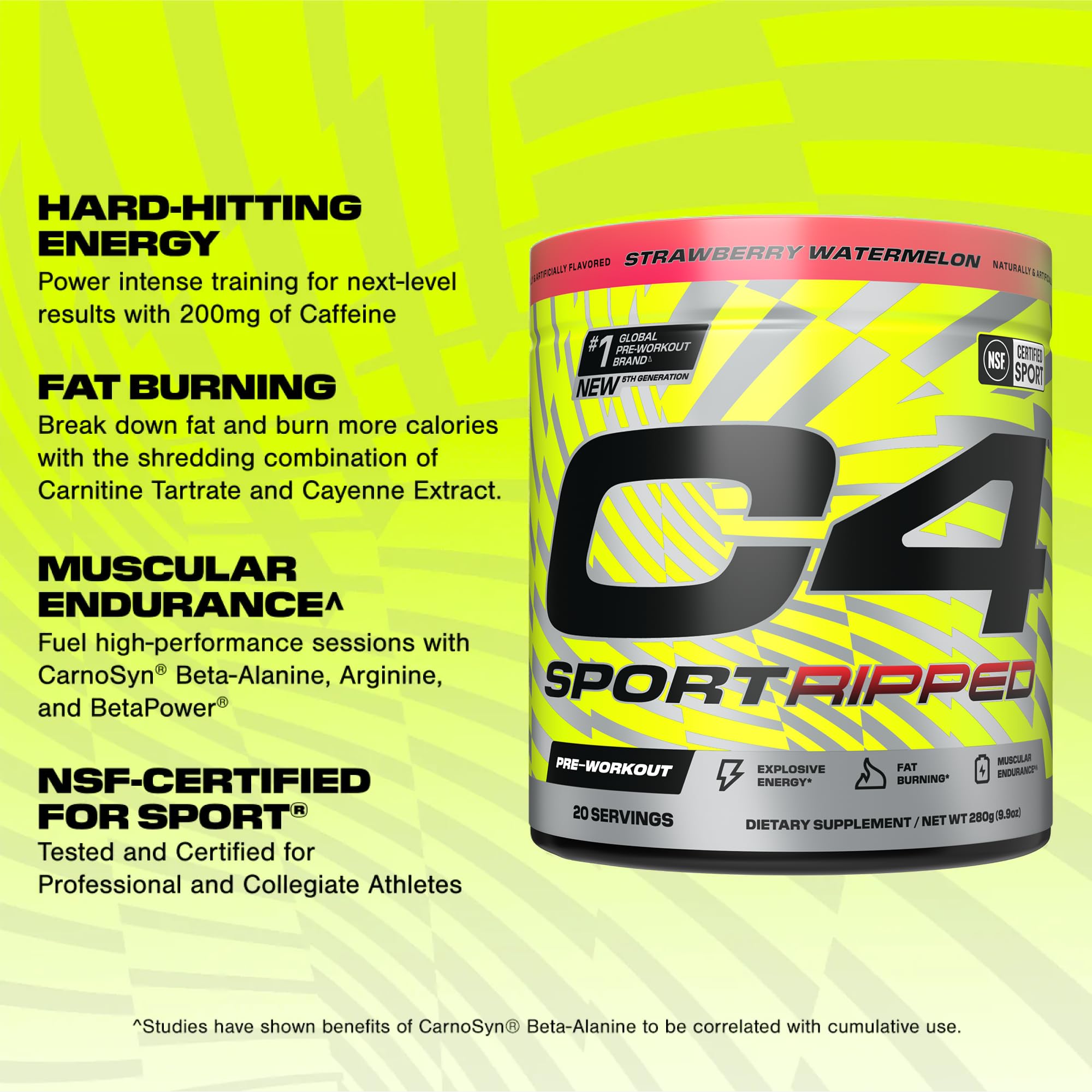 Cellucor C4 Ripped Sport Pre Workout Powder - NSF Certified for Sport - 200mg Caffeine + Cayenne Extract + Carnitine Tartrate + Beta-Alanine - Strawberry Watermelon, 20 Servings
