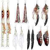 Nosiny 6 Pairs Bohemian Feather Dangle Earrings for Women Bohemian Long Feather Earrings with Shell Beads Long Fringe Tassel Dangle for Women Christmas Gifts