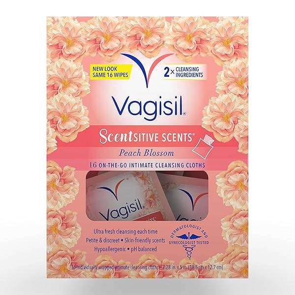VAGISIL SCENTSITIVE SCENTS ON-THE-GO FEMININE CLEANSING WIPES, PH BALANCED, PEACH BLOSSOM, INDIVIDUALLY WRAPPED, 16 COUNT (PACK OF 1)