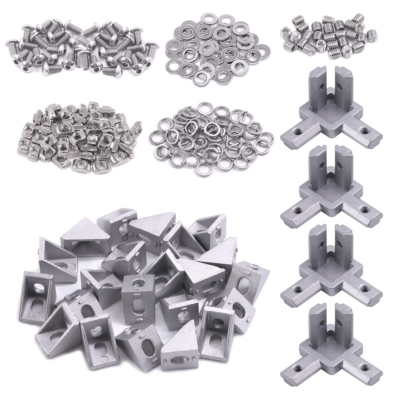 Glarks 230Pcs 2020 Series Aluminum Profile Connector Set Include 22Pcs Corner Bracket, 44Pcs T Nuts, 4Pcs 3-Way End Corner Bracket Connector and Button Head Screw Bolts Flat Washers