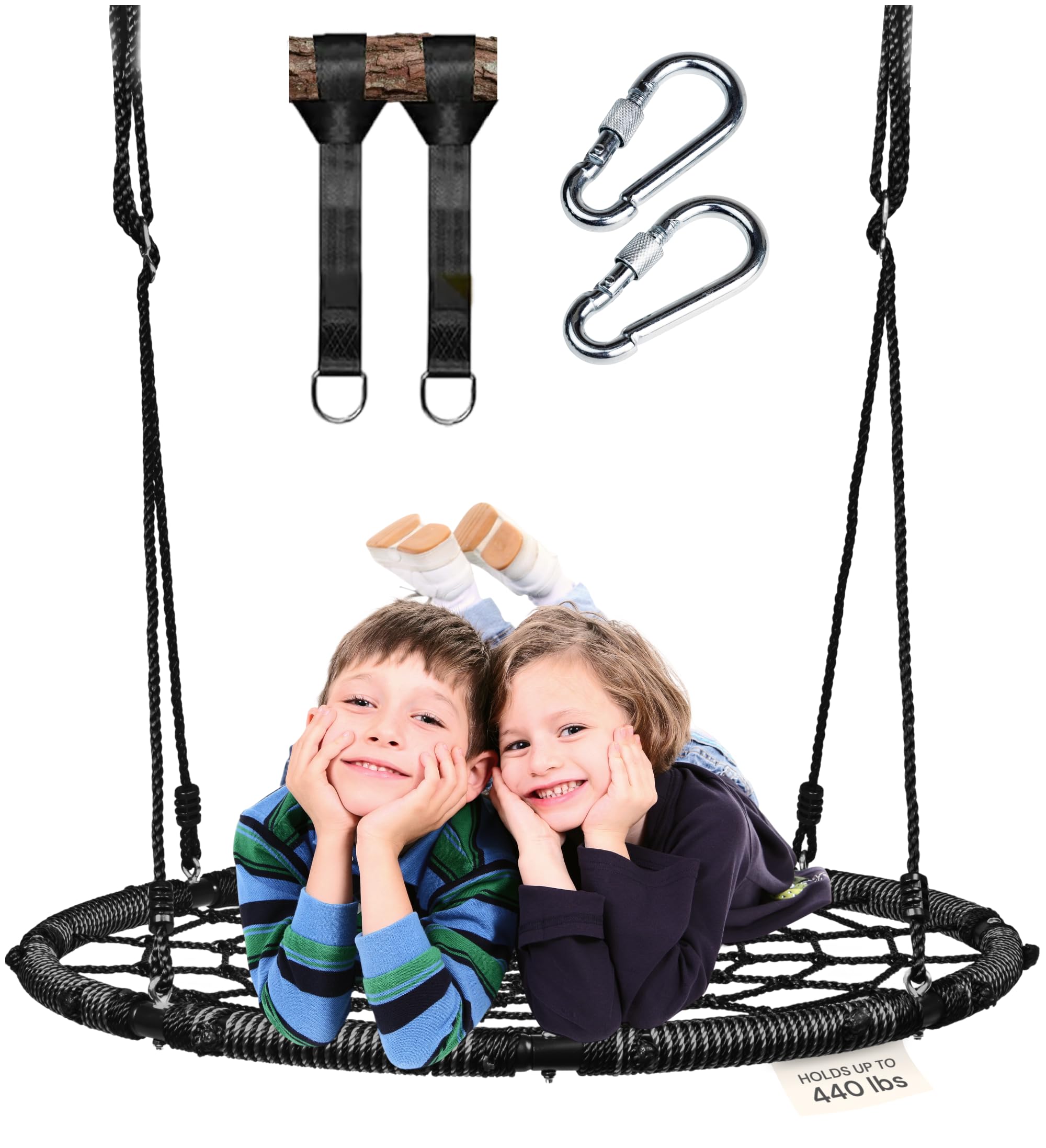 PLAYVIBE Spider Web Tree Swing Year-Round Gift - 40-Inch Black Saucer - 440 lb Capacity & 900D Oxford Waterproof - Heavy-Duty Steel Frame & Hanging Straps, Outdoor Swing Set Accessories for Toddlers